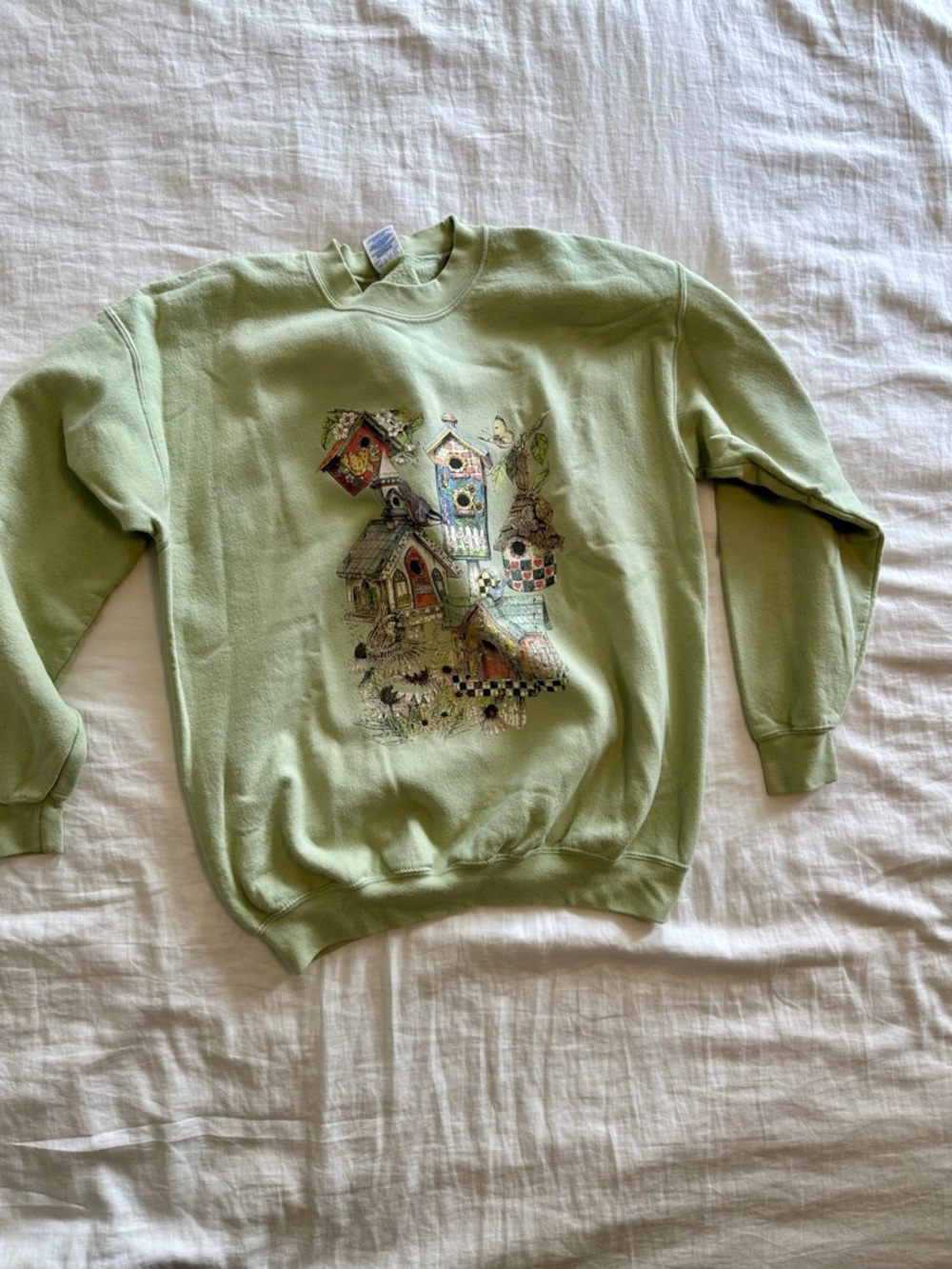 Vintage Light Green Women's Crewneck Sweatshirt with Birdhouse Graphic